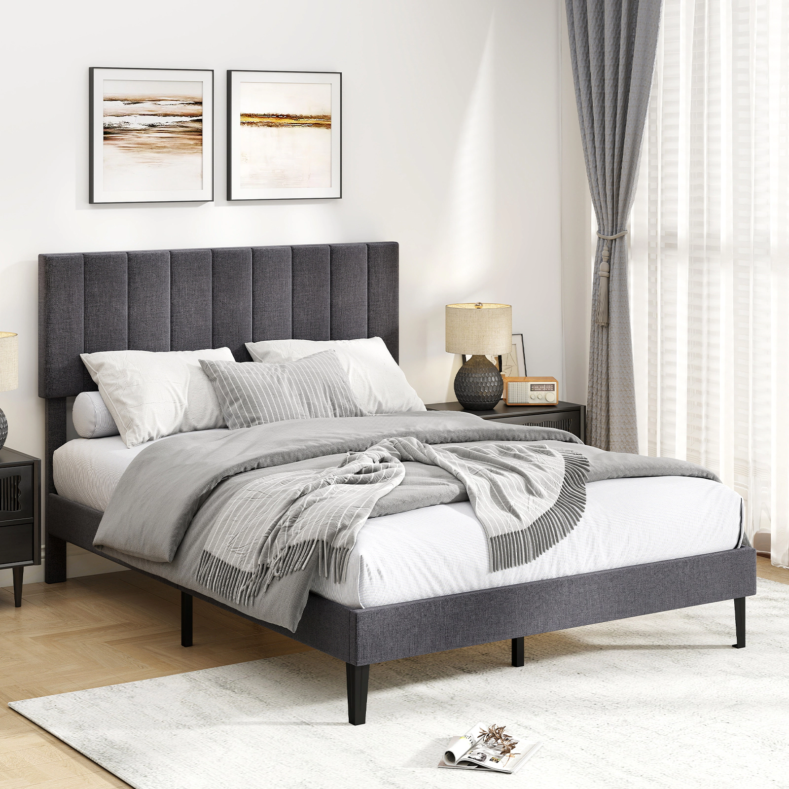 SUGIFT Height Adjustable Vertical Channel Headboard Platform Bed 800-lb Capacity Full Size Gray Velvet Upholstery