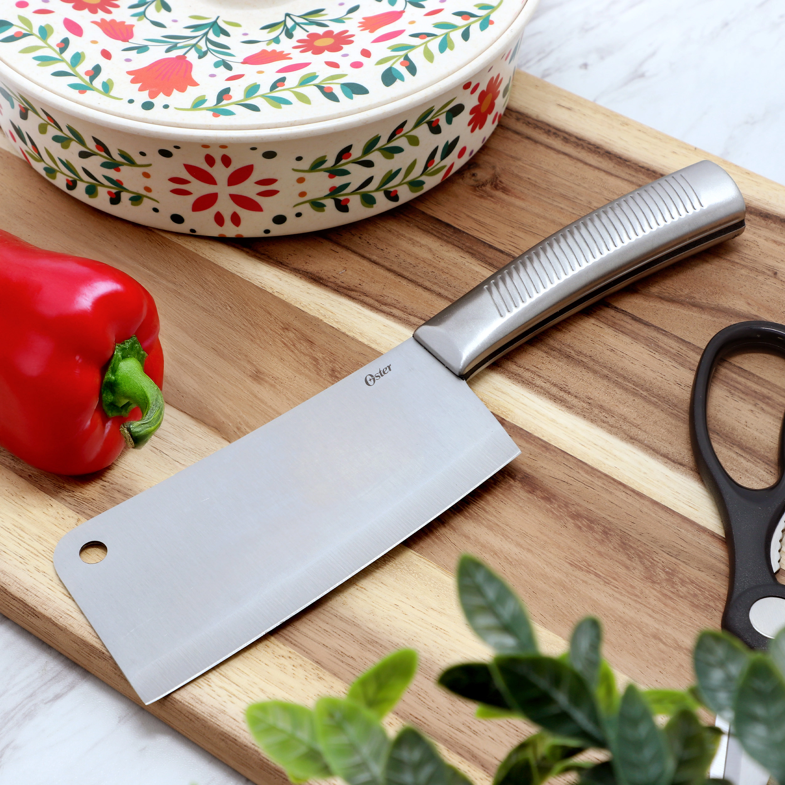Oster Eddington 2 Piece Stainless Steel Cleaver and Scissors Set with Ridged Handles