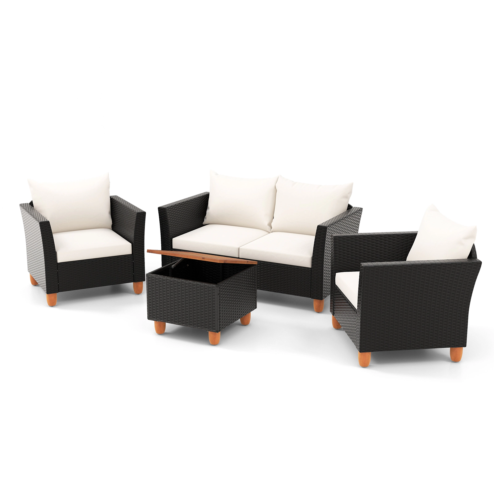 SUGIFT White Flip-Top Storage Coffee Table 4-Piece Outdoor Rattan Conversation Set