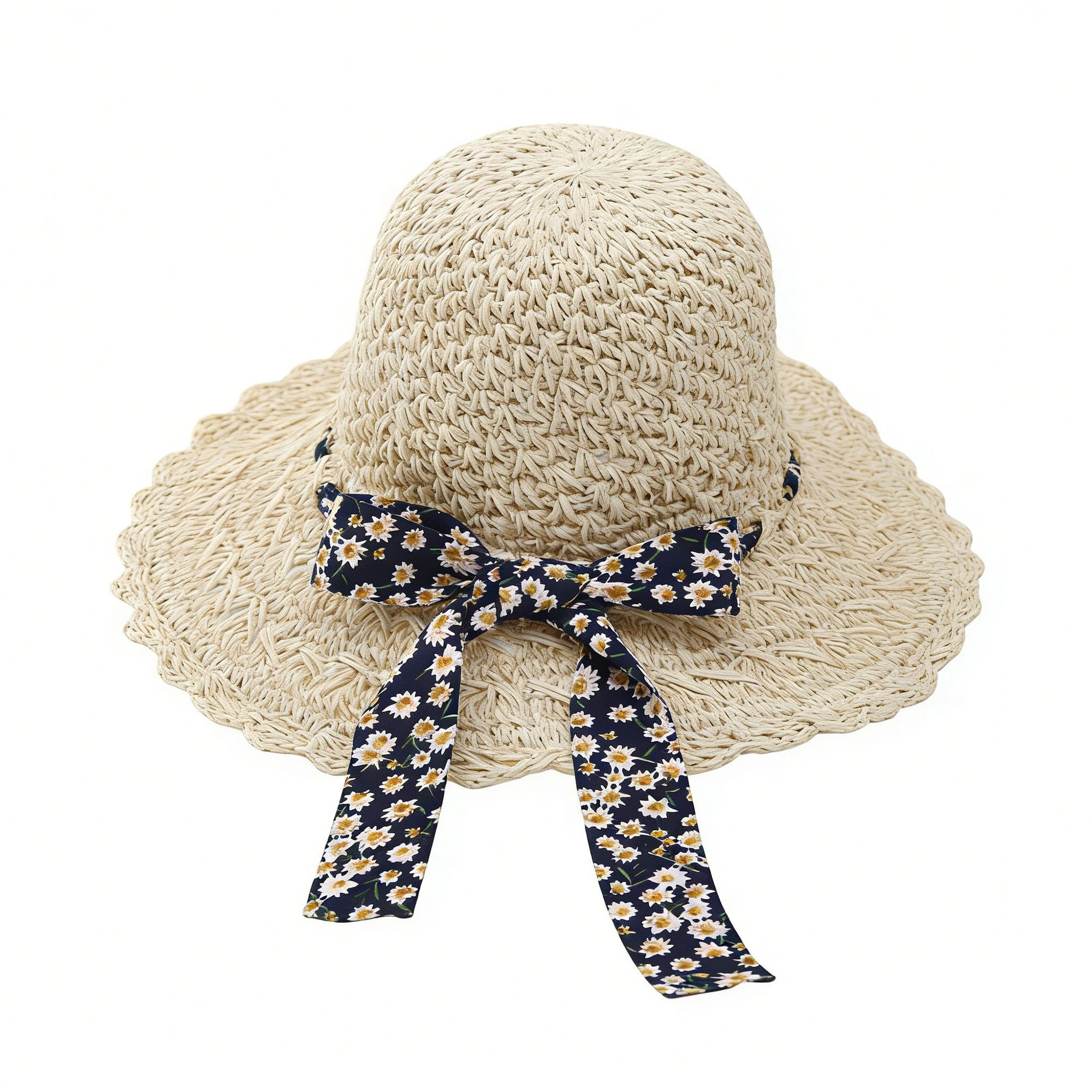 Anna-Kaci Women's Women Woven Straw Sun Hat Wide Brim Lightweight with Floral Ribbon Tie Detail