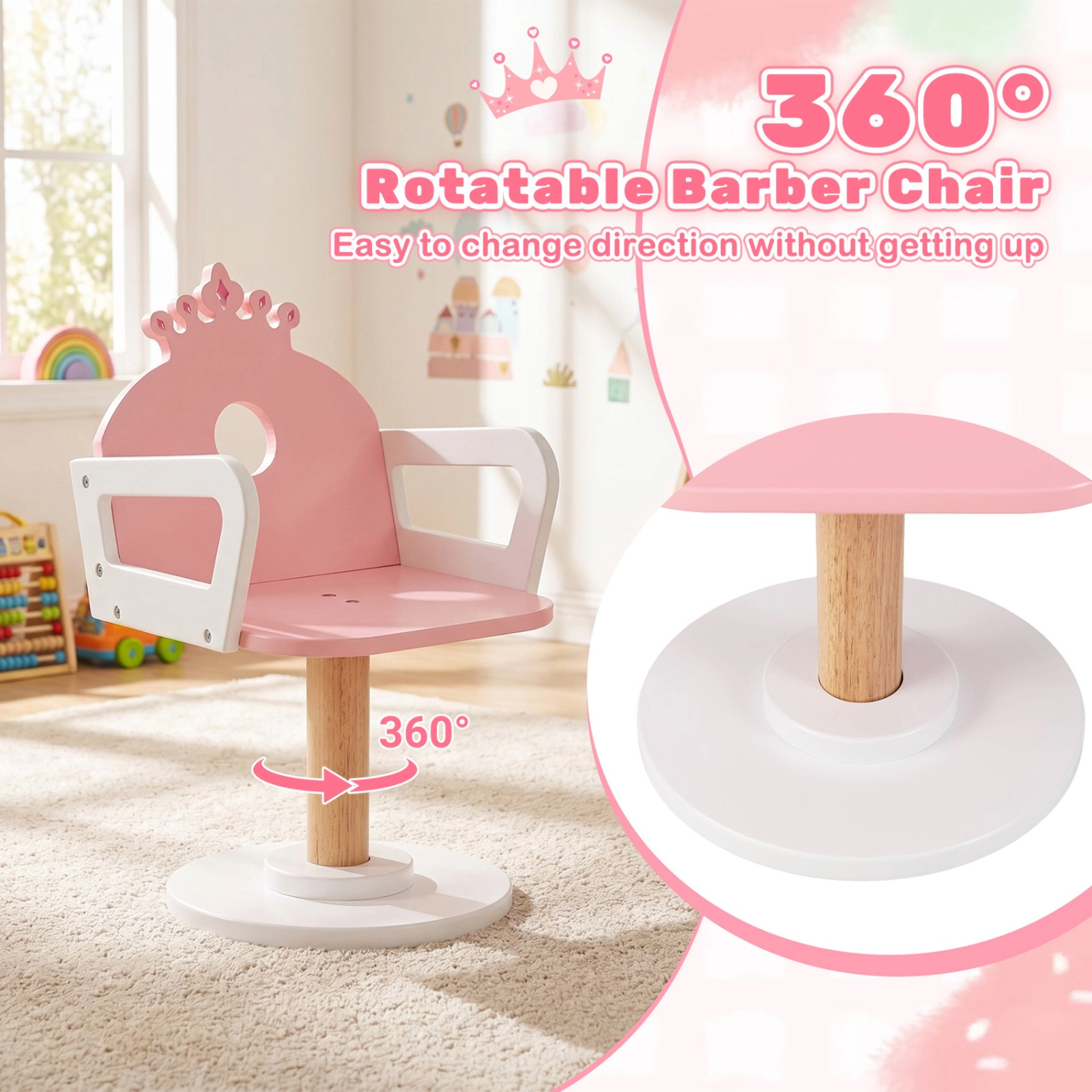 SUGIFT Kids Hair Salon Playset, Pink and White Vanity with Lighted Mirror, Swivel Chair and Rolling Trolley