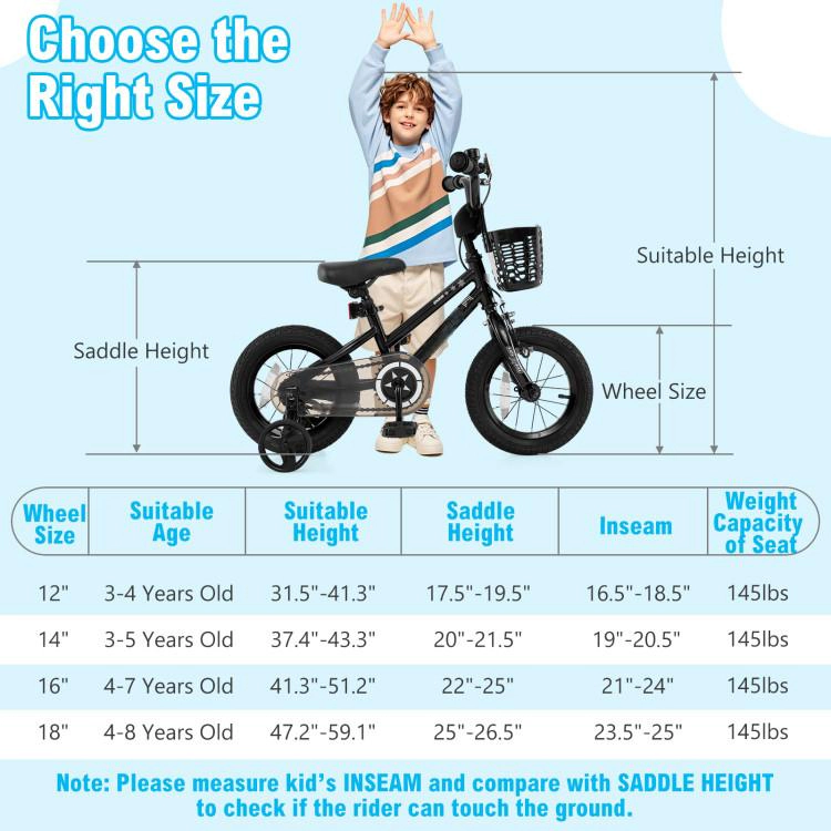 SUGIFT Black Front Basket Training Wheels and Dual Brakes Kids 14 Inch Bike