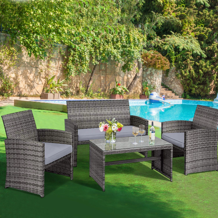 Hivvago 4 Pieces Patio Rattan Furniture Set With Glass Table And Loveseat-Gray