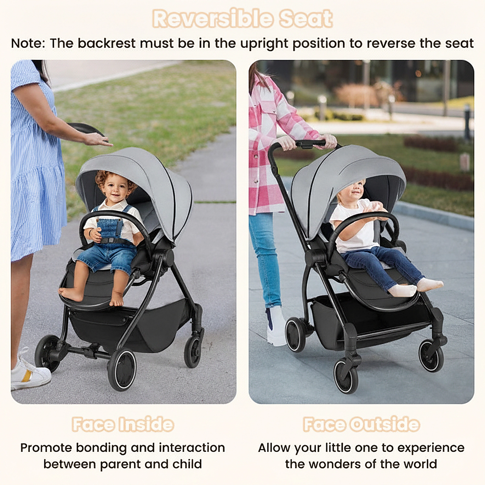 SUGIFT Gray 33-lb Capacity Foldable Infant Pram Stroller with Reversible Seat and Washable Cushion