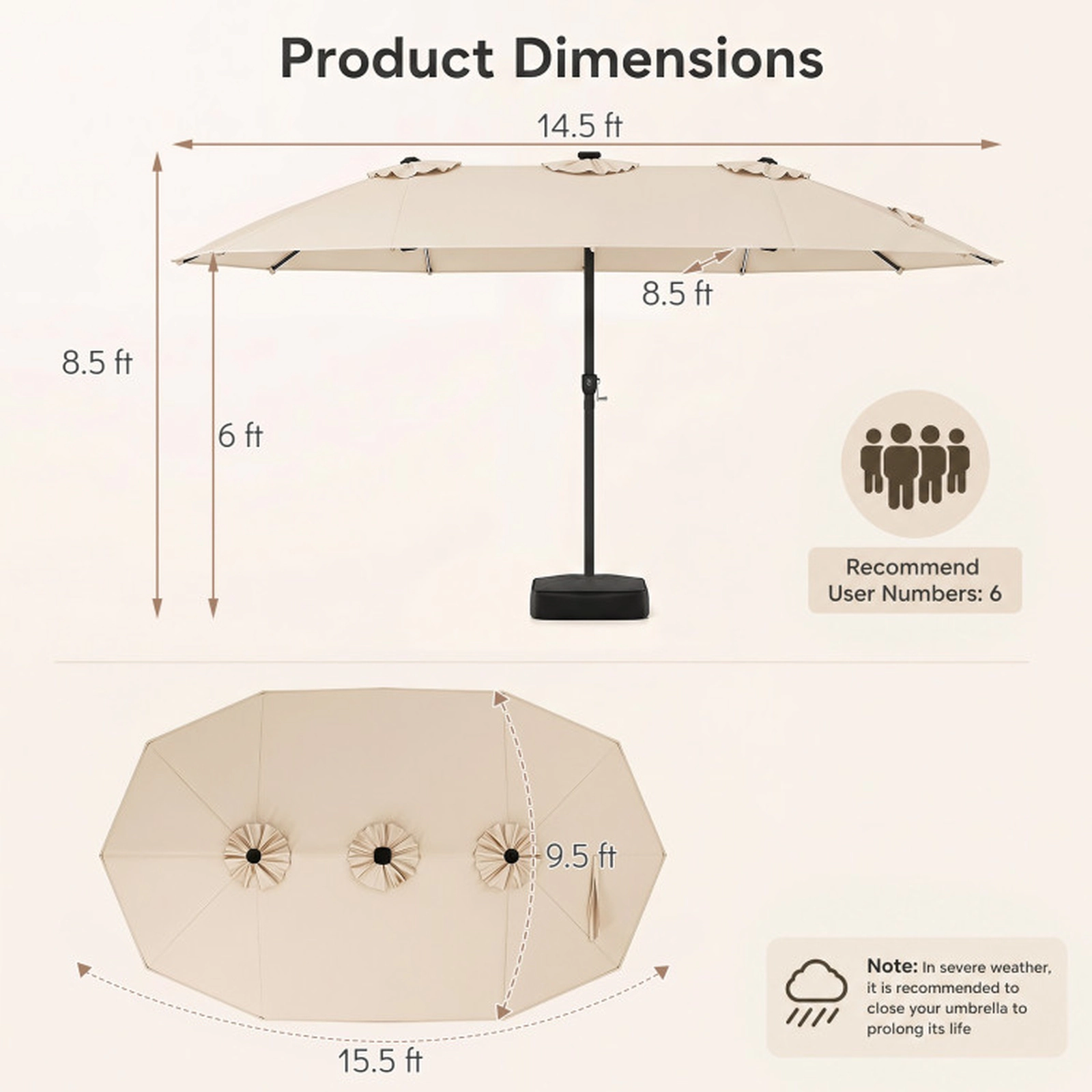 SUGIFT 144 Solar LED Lights and 12 Reinforced Ribs 15.5 FT Extra-Large Double-Sided Patio Umbrella