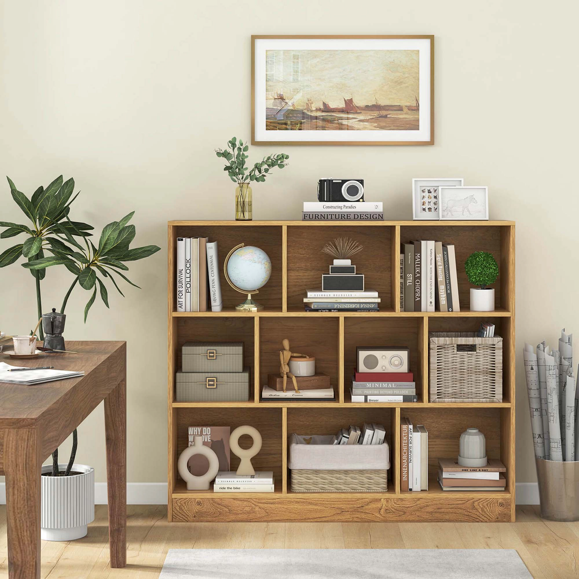 Costway 10-Cube Bookcase for Kids 41"Wooden Toy Storage Organizer Kid’s Room Natural