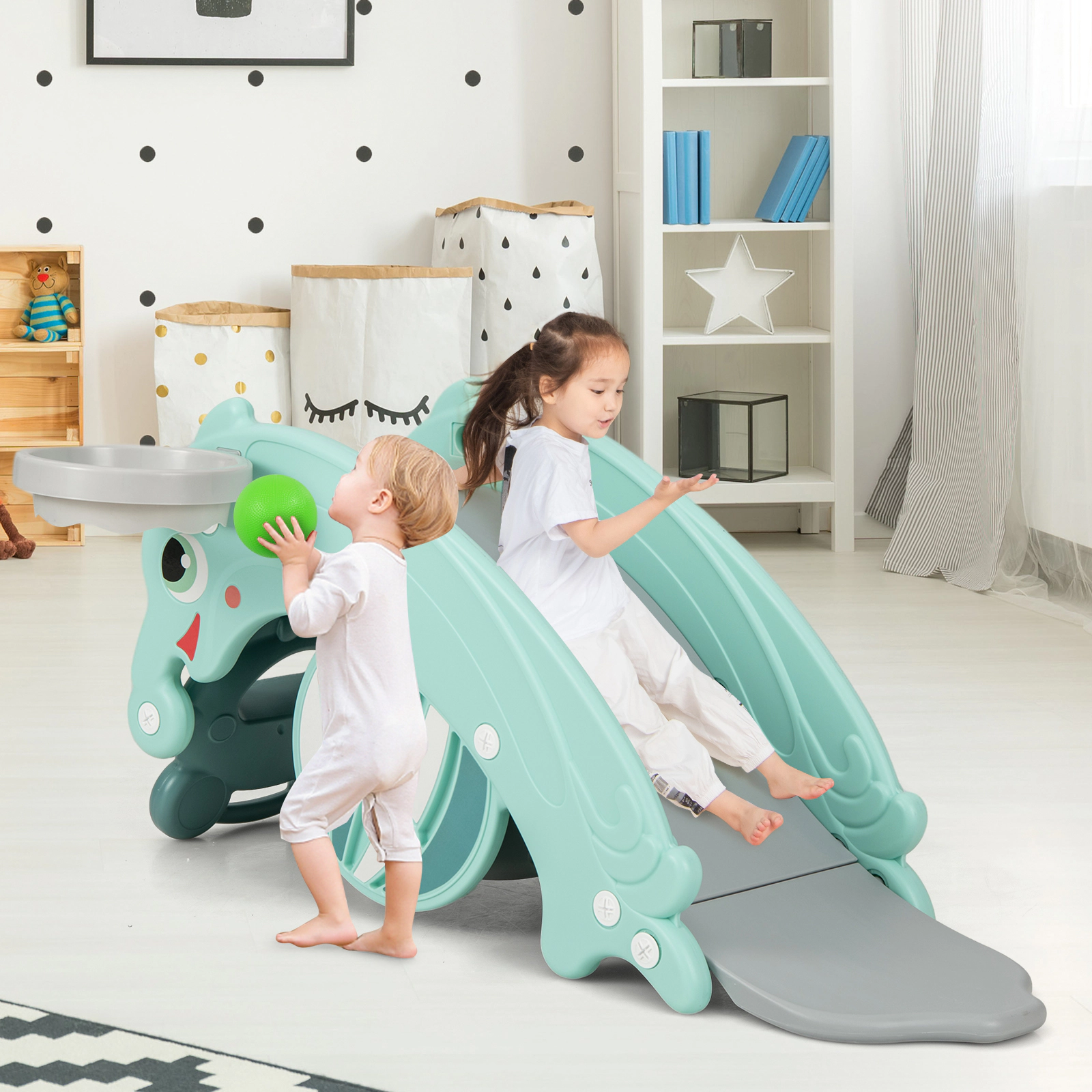 LJG 3-in-1 Kids Slide Rocking Horse Set Convertible Toddler with Basketball Hoop