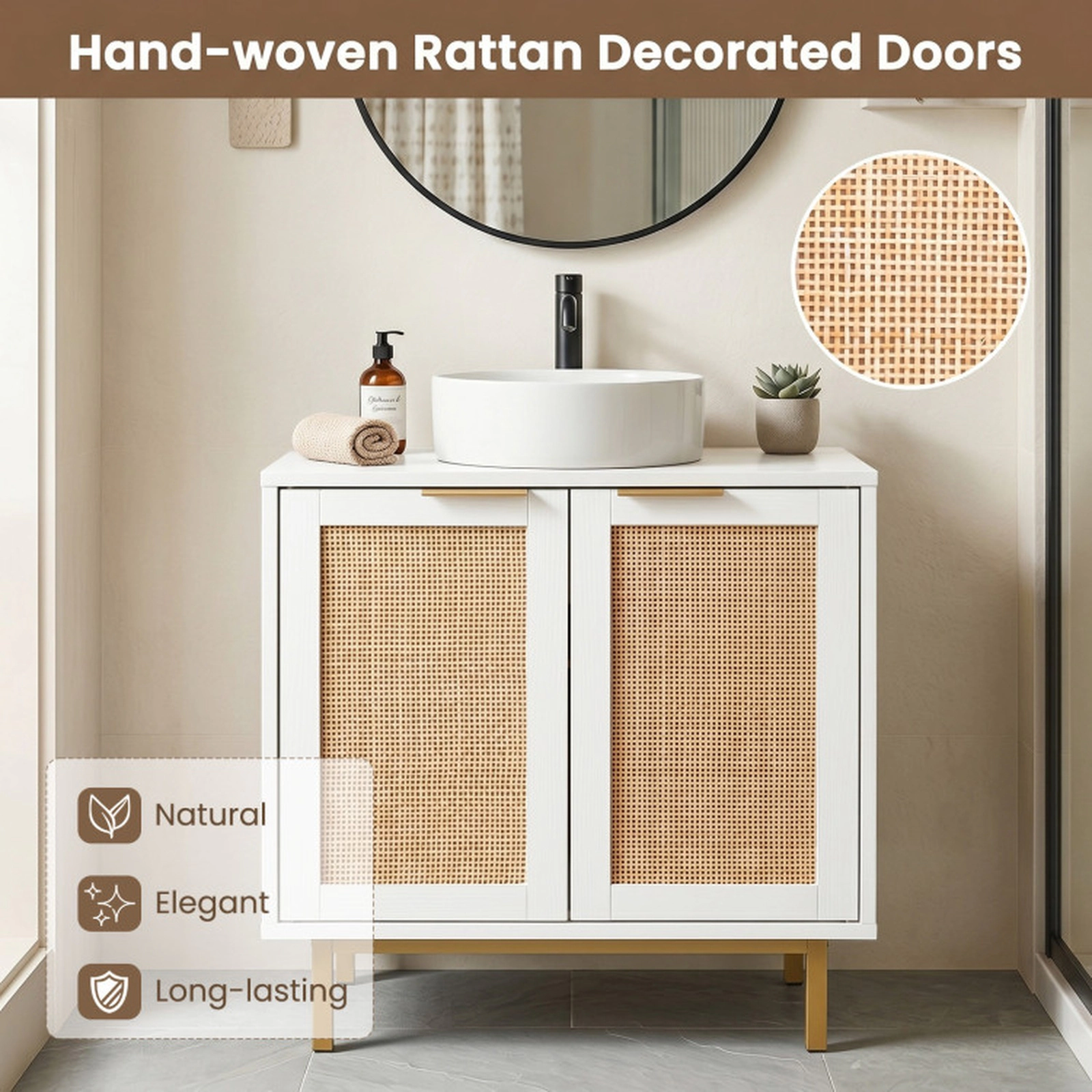 SUGIFT White 66-lb Capacity Rattan Door Bathroom Vanity Cabinet with U-Shaped Cut-Out and Metal Legs