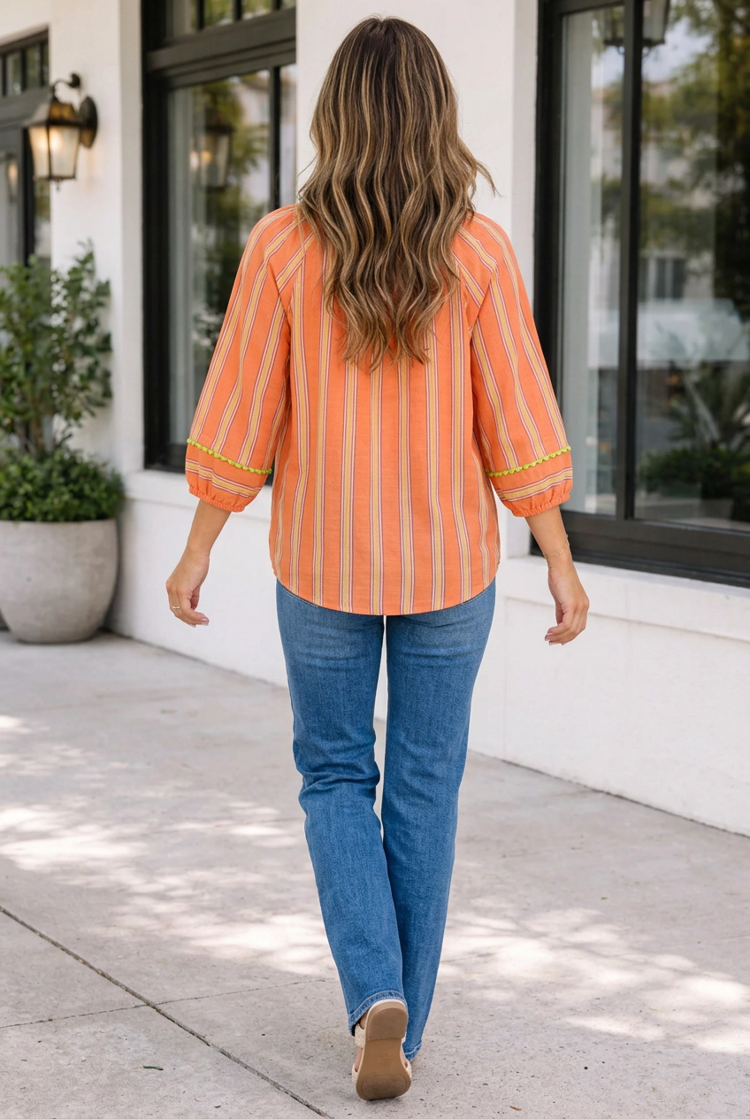 Threaded Pear Tamara Cotton Blouse - Tie Neck with Tassels, Orange Stripe