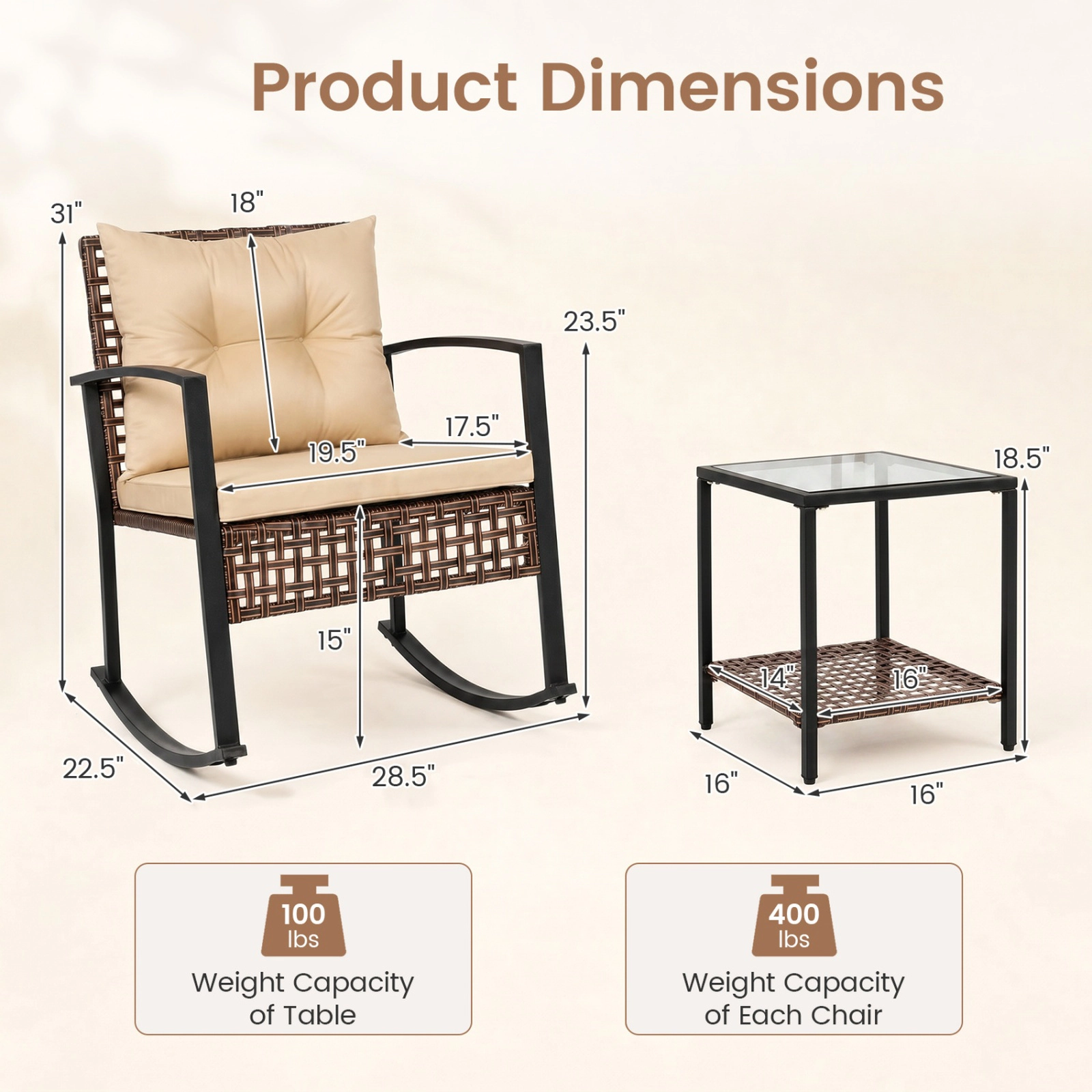SUGIFT Brown Coffee Table and Thick Cushions 3-Piece Outdoor Wicker Rocking Chair Set