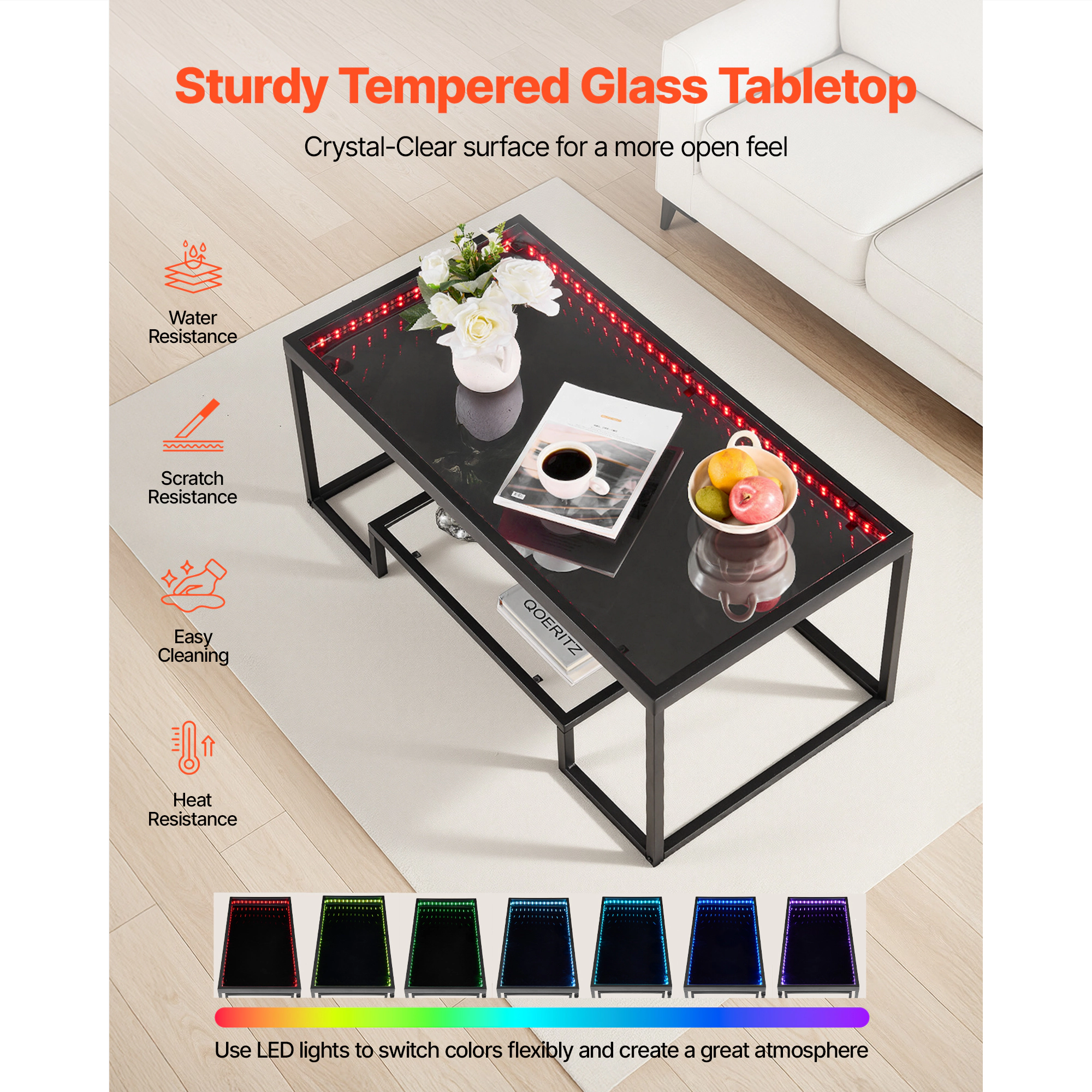 HONGGE Coffee Table Modern Tempered Glass Coffee Table with 2 Tiers Rectangle Glass Center Desk with Open Storage