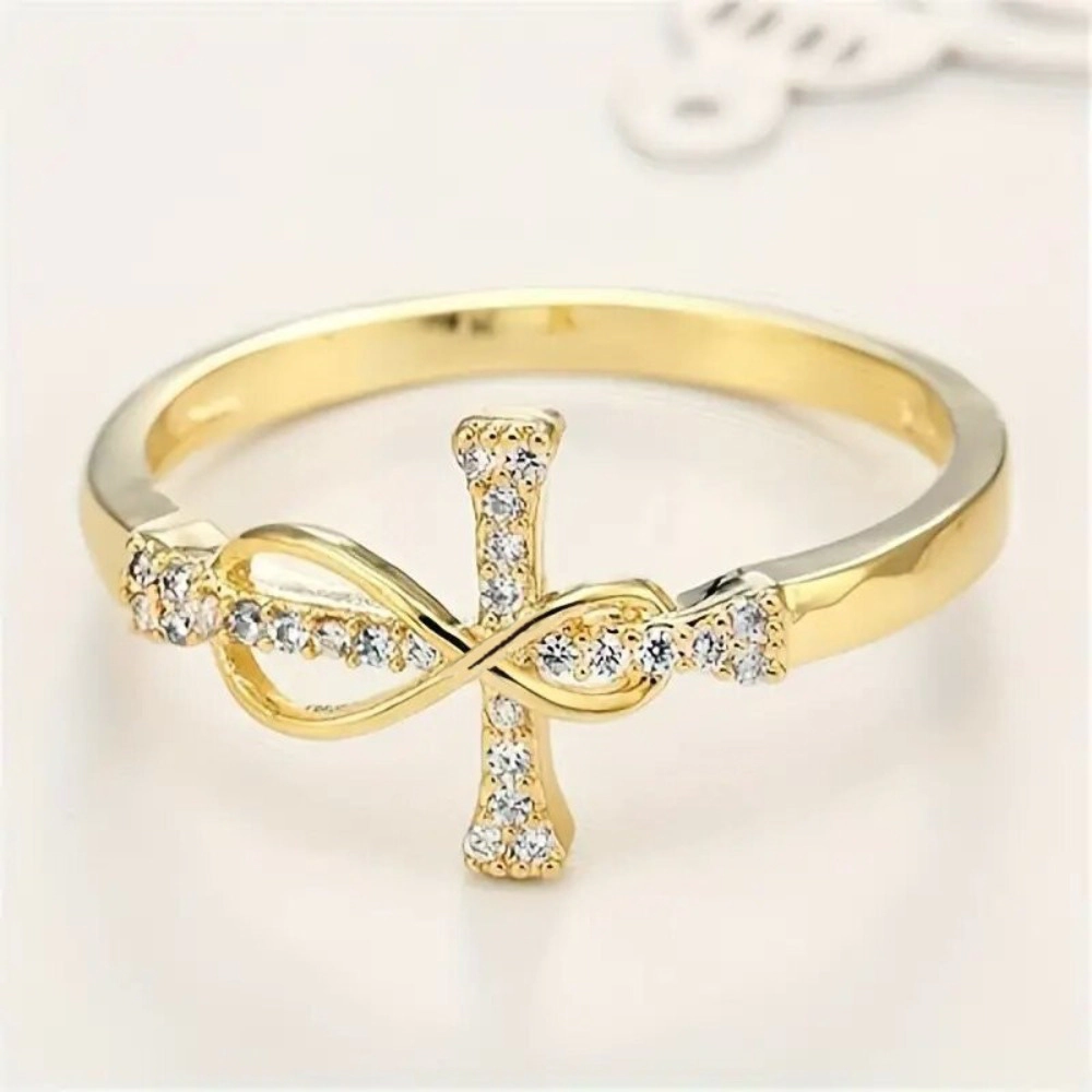 Women Fashion Cubic Zirconia Cross Ring Wedding Engagement Anniversary Party Jewelry