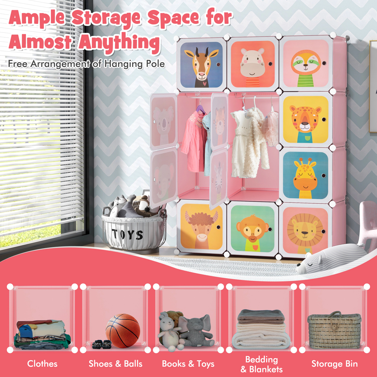 SUGIFT Kids 12-Cube Animal Print Doors Hanging Section Wardrobe Closet 43-in x 14-in x 57-in 22-lb per Cube Pink