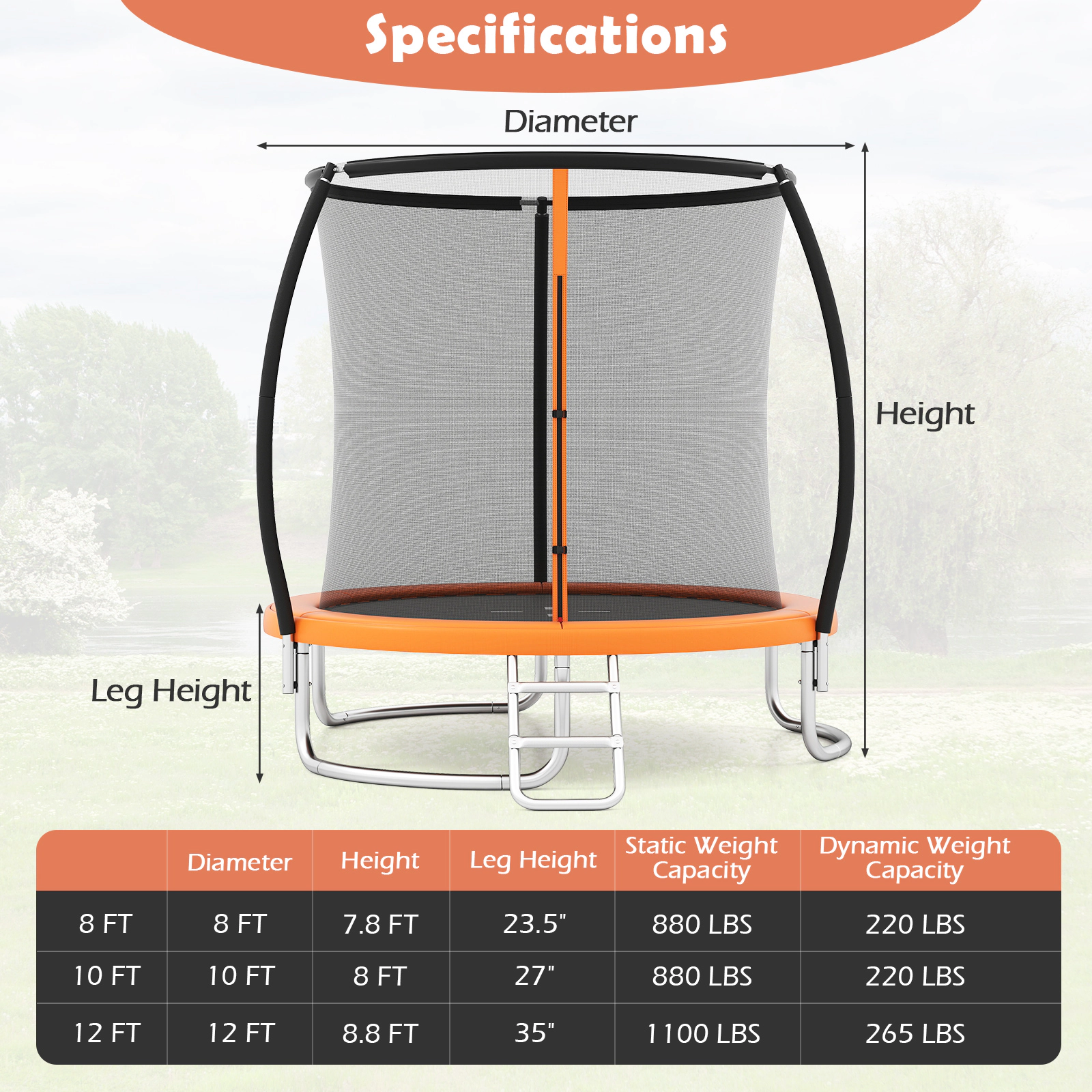 8-ft Trampoline Enclosure Net Ladder 880-lb Static Capacity Curved Legs Heavy-Duty Galvanized Trampoline Orange
