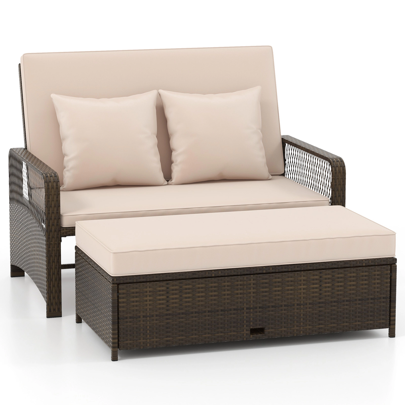 SUGIFT Beige 4-Level Backrest and Storage Ottoman Patio Adjustable Wicker Daybed
