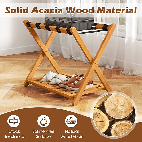 SlickBlue Set of 2 Folding Luggage Racks Acacia Wood Suitcase Stand with Shelf