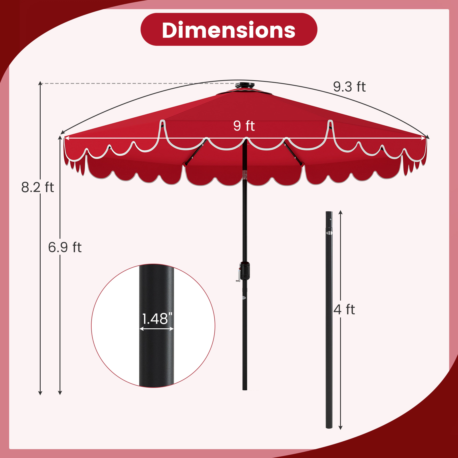 SUGIFT 9.3-ft Red Round Solar Patio Umbrella with 24 LED Lights Vented Top Push-Button Tilt and Ruffled Edge