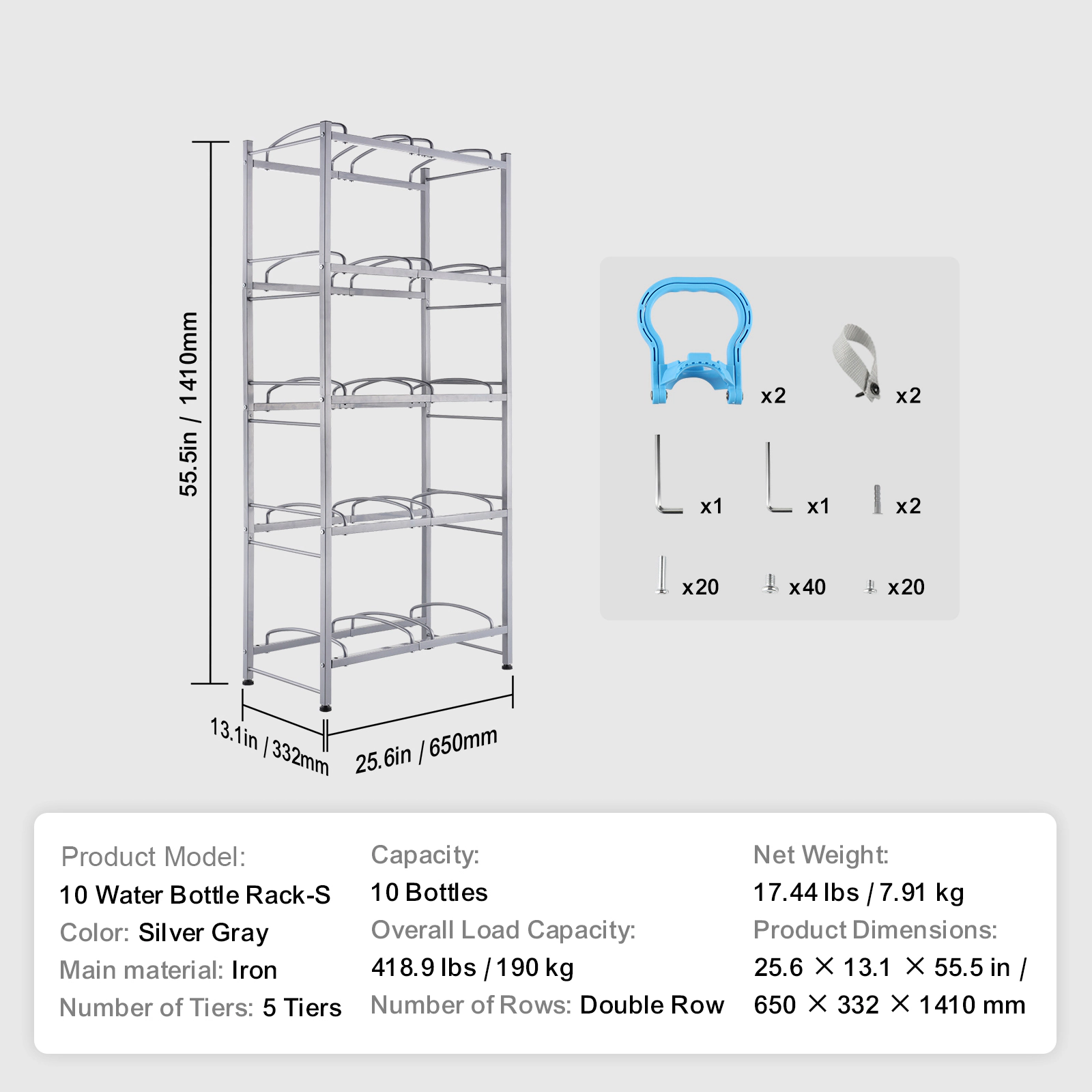 HONGGE Water Jug Holder 5 Gallon Water Bottle Holder Double Row Water Bottle Rack for Heavy Duty Water Jug Rack for