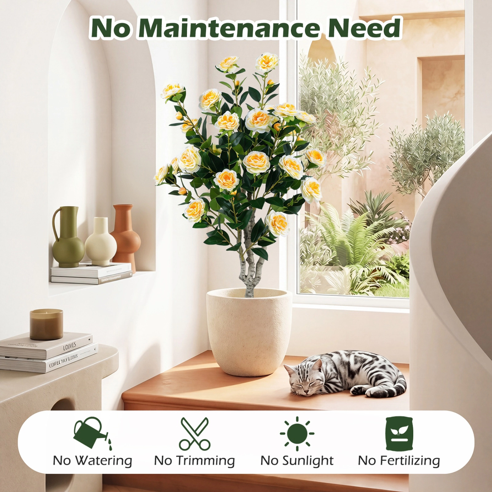 SUGIFT Set of 2 39.5-in Artificial Camellia Trees with Vivid Orange Blossoms and Cement-Filled Pots