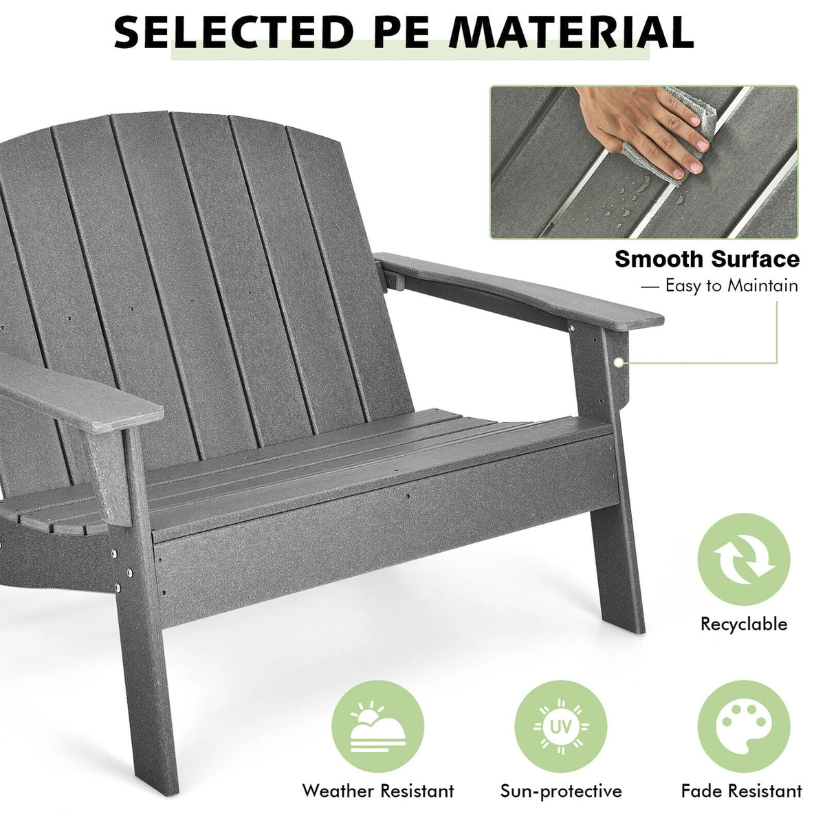 SUGIFT Gray HDPE Adirondack Loveseat Chair with Wide Armrests 49.5-in W 34-in D 34-in H 660-lb Seat Capacity