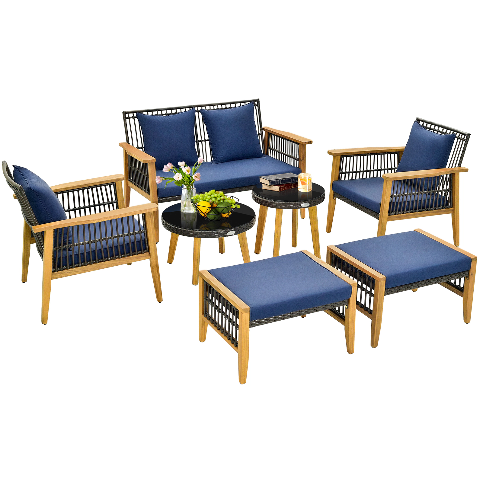 SUGIFT Navy Acacia Wood Frame Ottomans and 2 Tables 7-Piece Outdoor Conversation Set