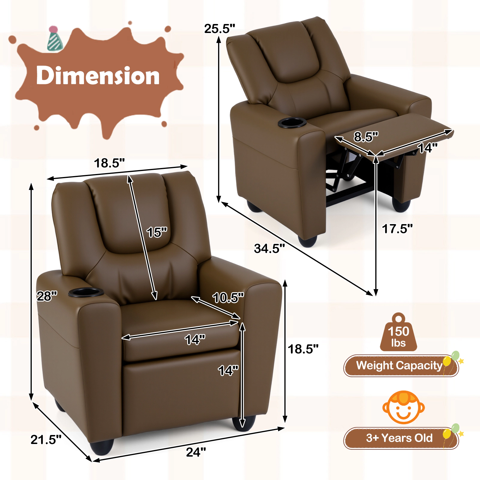 SUGIFT Kids Recliner Chair Push Back Toddler Armchair with Cup Holder