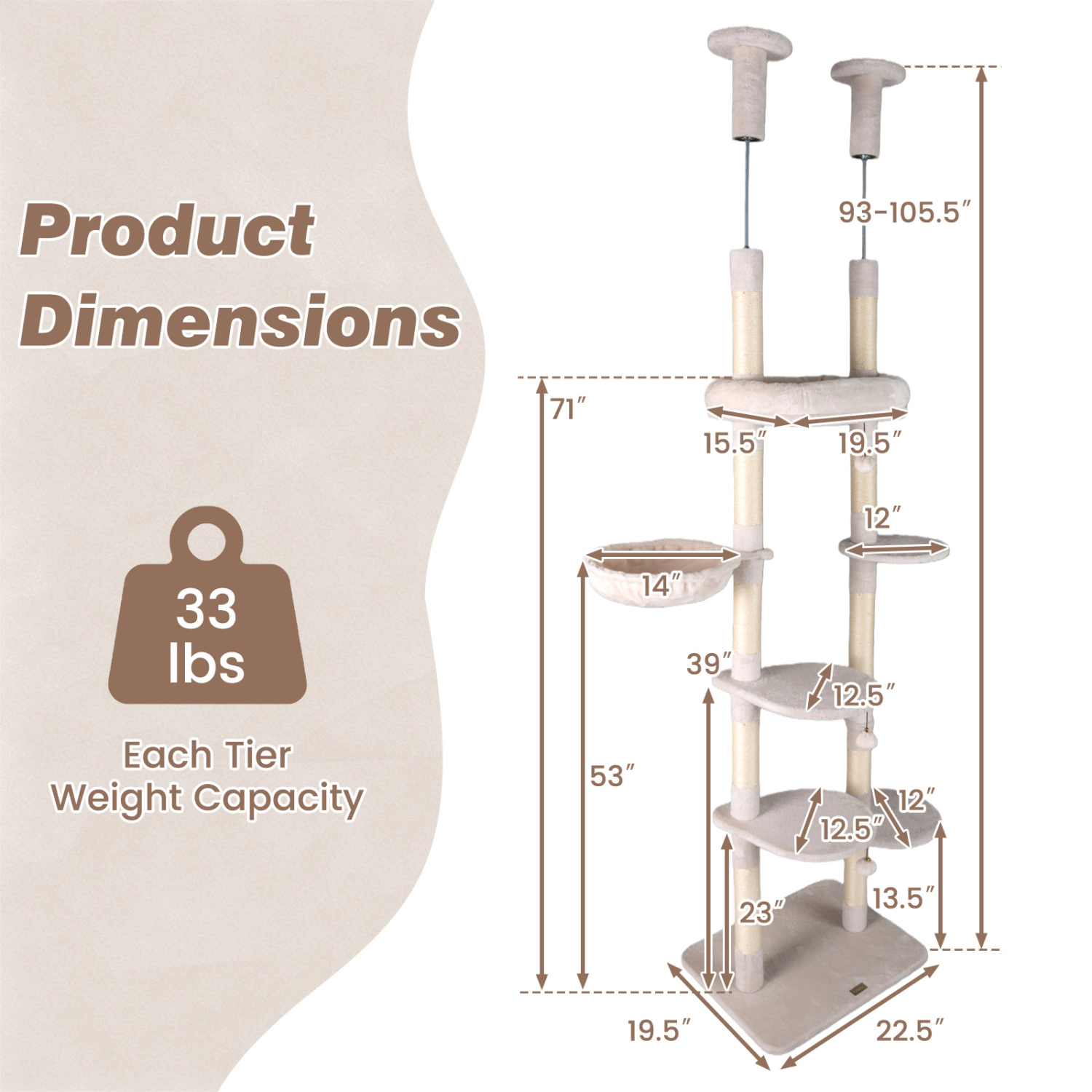 LJG 6-tier Floor to Ceiling Cat Tree with Plush Bed and Sisal Scratching Posts