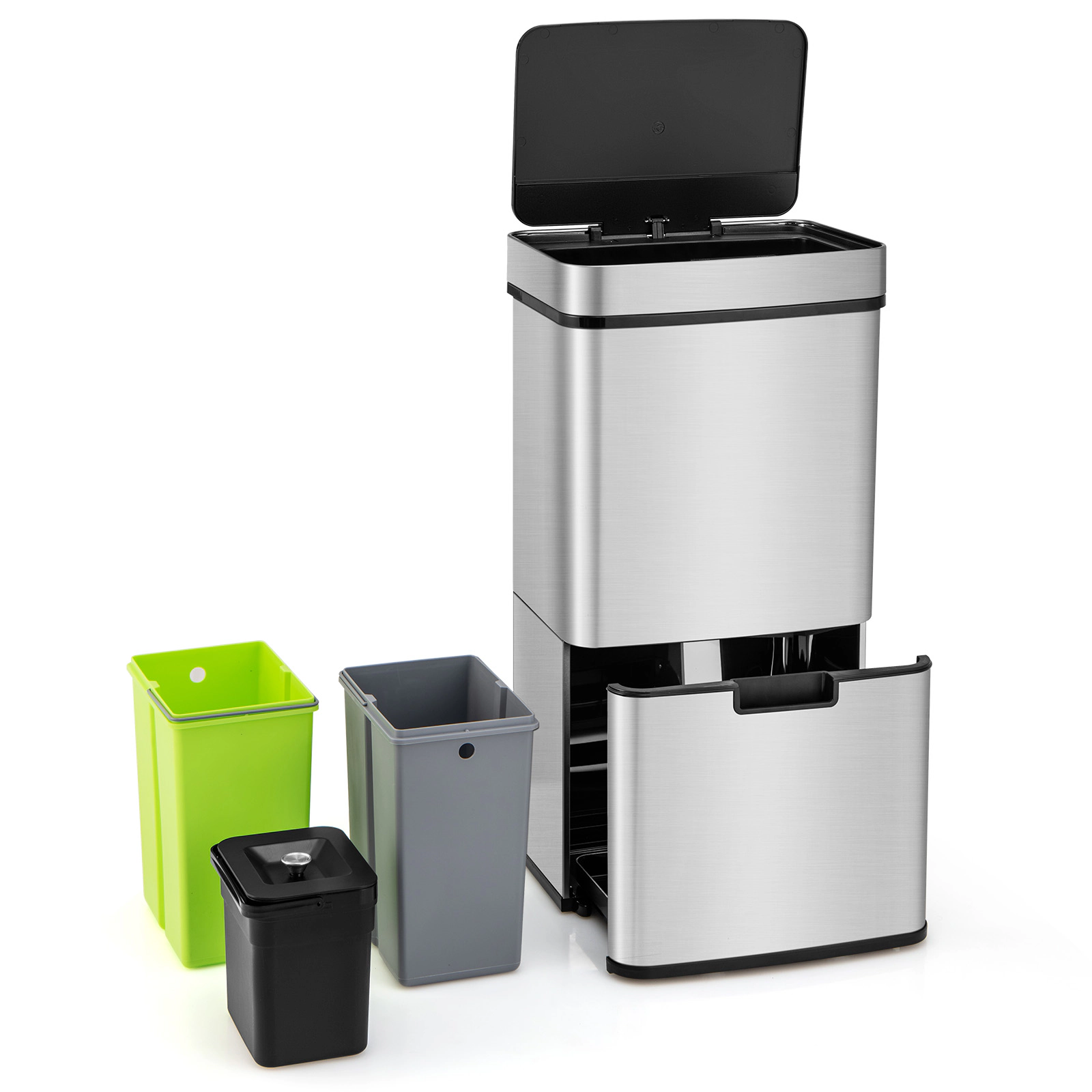 SUGIFT 19-Gal Stainless Steel Soft Close Sensor Trash Can with Detachable 1-Gal Waste Bin and 2 Recycling Bins
