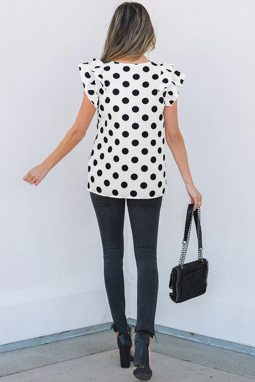 Threaded Pear Women's Halo Polka Dot Ruffled Sleeve V Neck Blouse