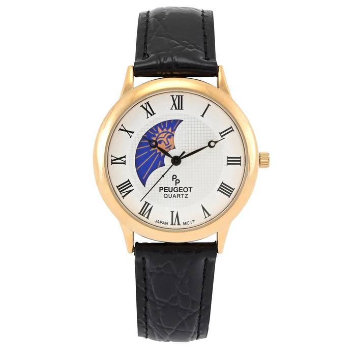 Peugeot Men's 38mm White Dial Sun-Moon Leather Strap watch