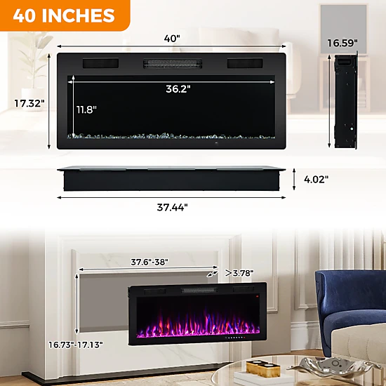 SUGIFT 40-Inch 5100 BTU Recessed or Wall-Mounted Electric Fireplace, 12 Flame and Ember Bed Colors