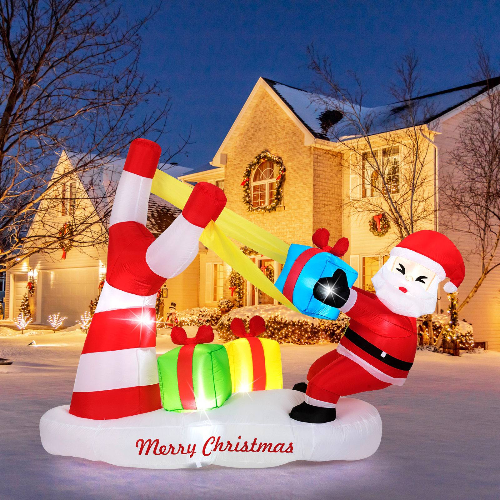 Glintex 7-Ft Inflatable Santa with Giant Slingshot Gift Boxes and LED Lights, Multicolor