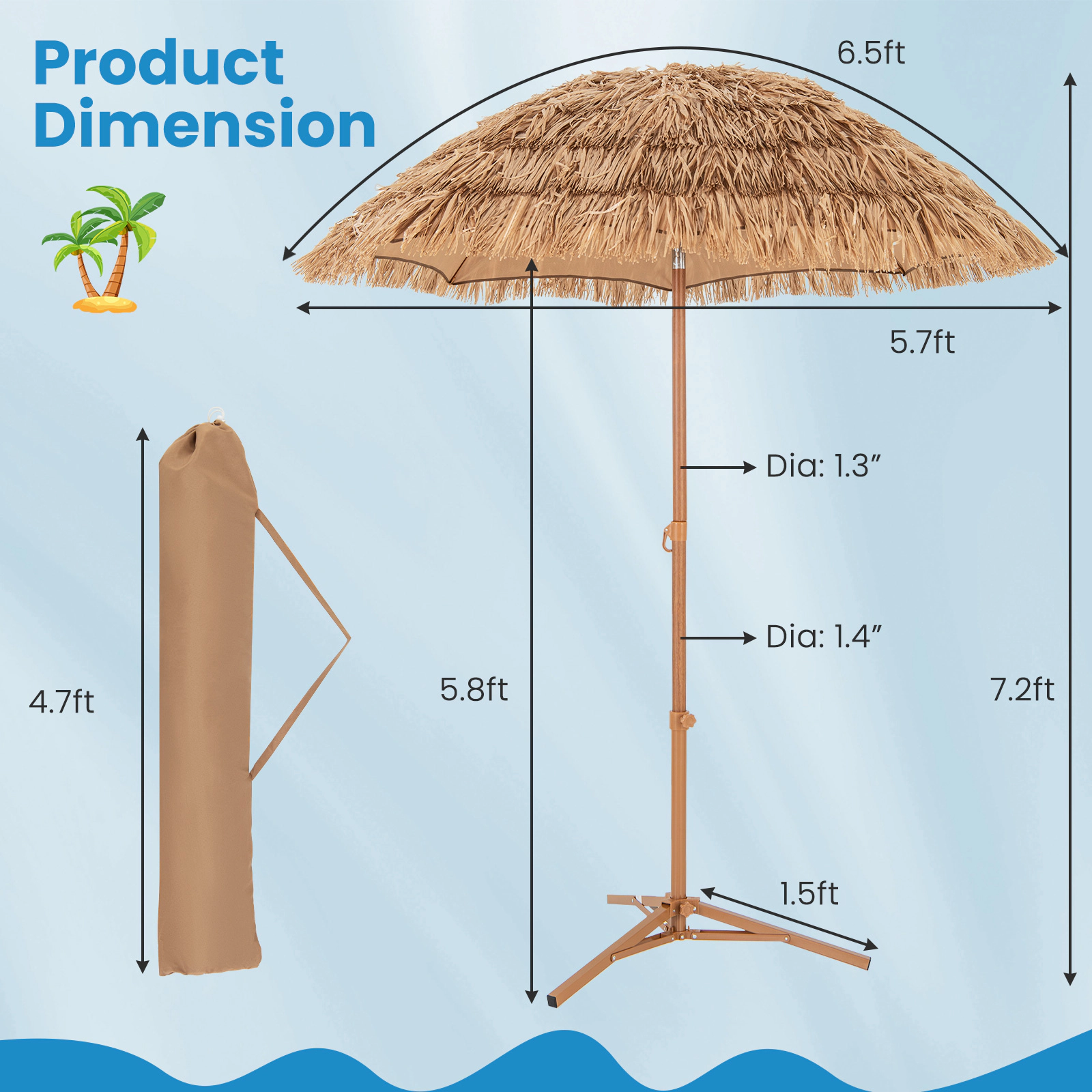 SUGIFT Thatched Tiki Umbrella with Foldable Stand and Push Button Tilt 6.5-ft Canopy Natural