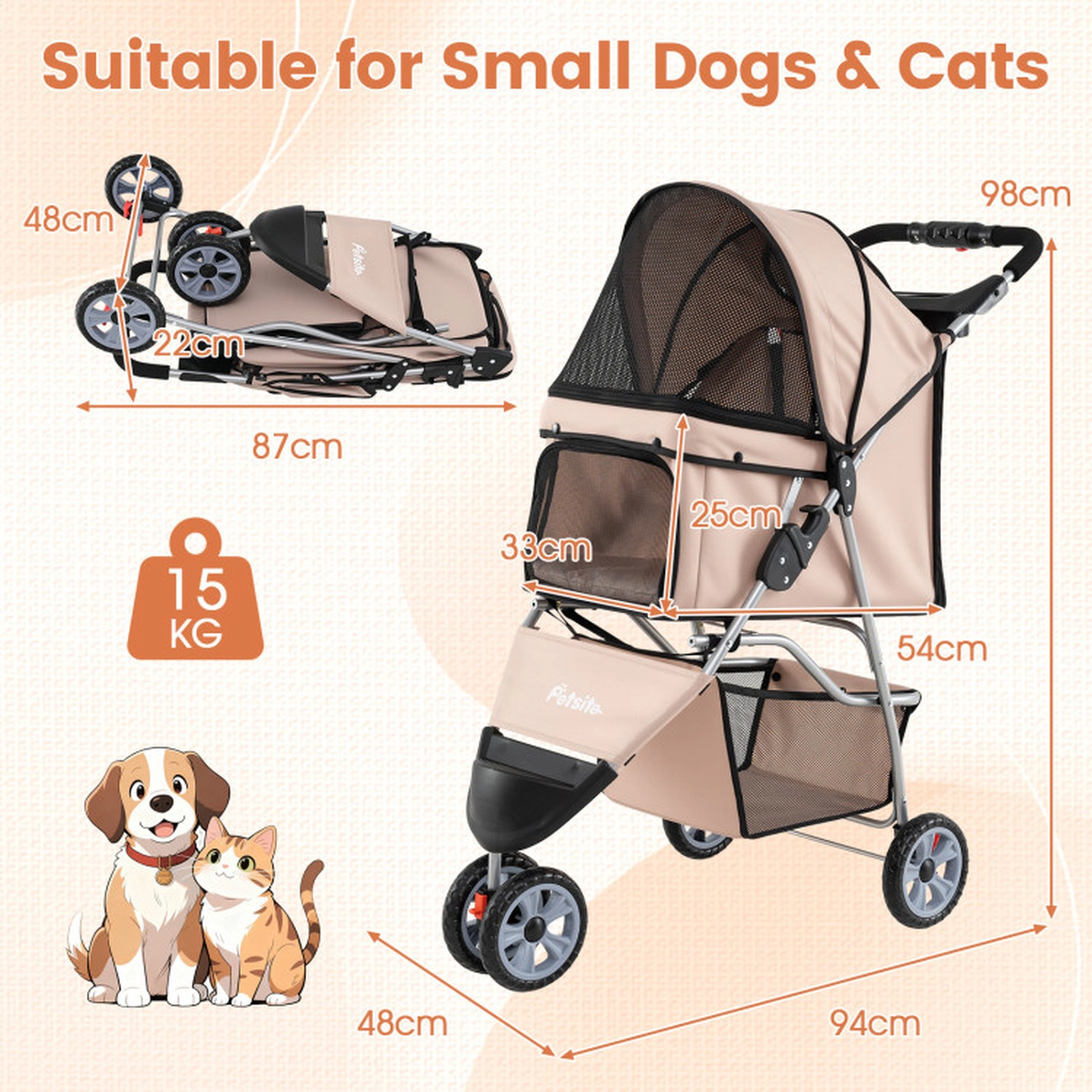 SUGIFT 3-Wheel Folding Pet Stroller for Small Dogs and Cats 33-lb Capacity Black/Beige