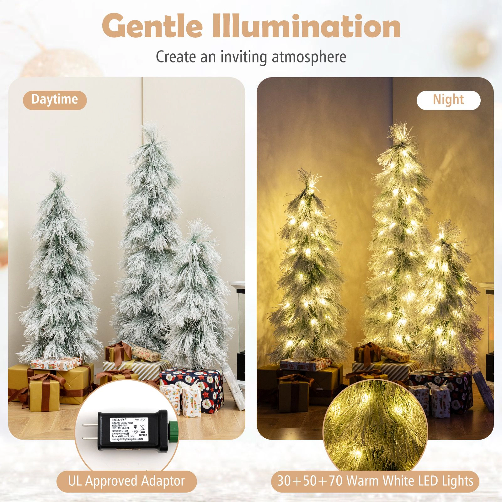 SlickBlue Set of 3 Slim Snow-Dusted Christmas Trees with LED Lights