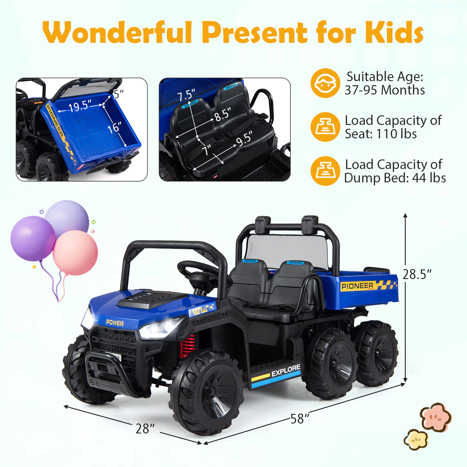 Costway 24V 2-Seater Ride on Dump Truck,4WD Kids Car with Electric Bed