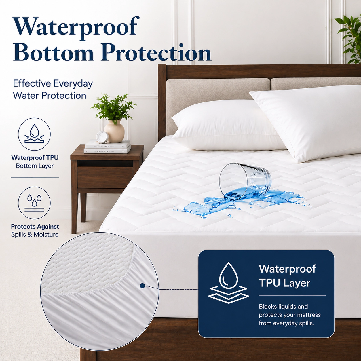 PEACE NEST Cooling Waterproof Mattress Pad with Deep Pocket Fitted Skirt Polyline Quilt