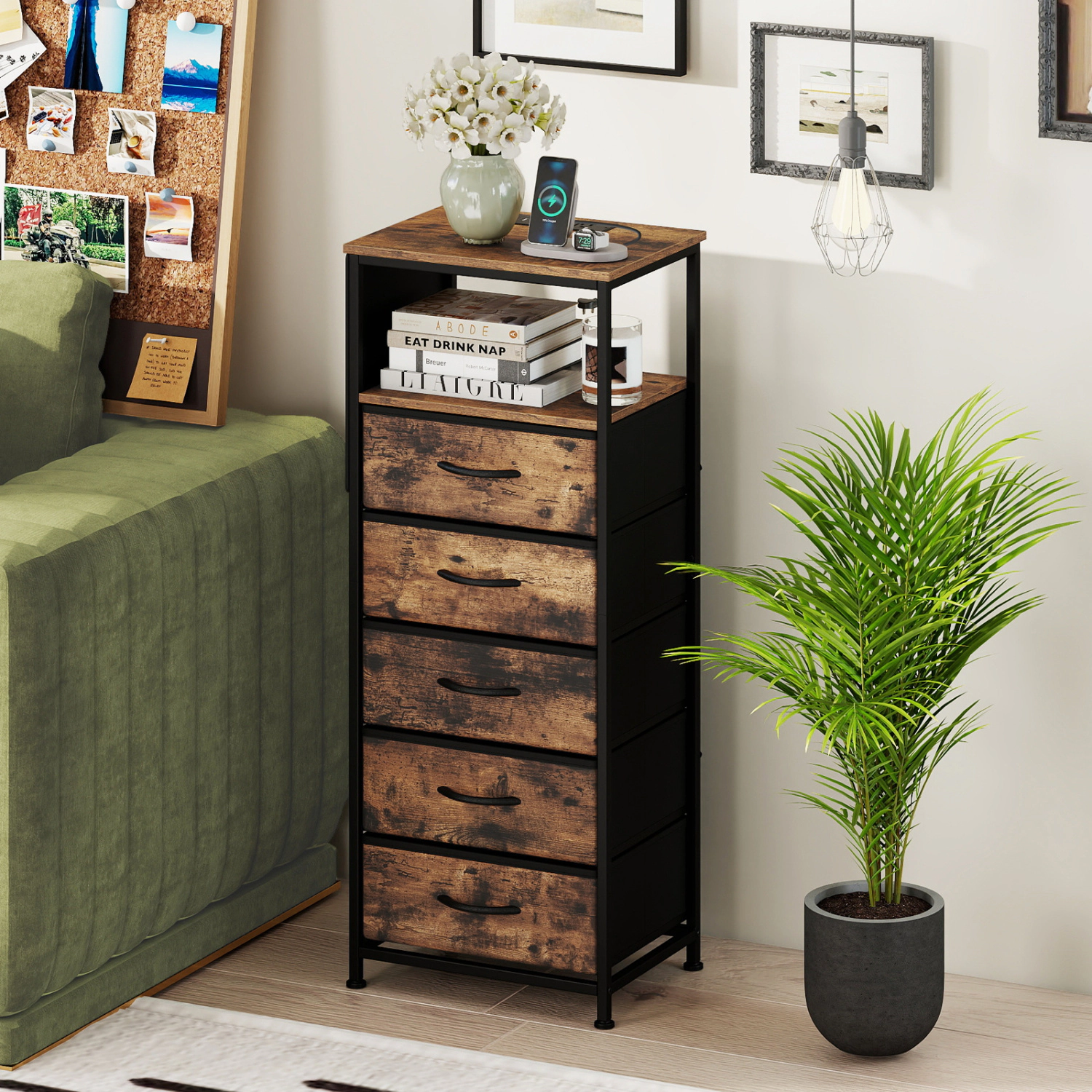 LJG Nightstand with Integrated Charging Station 39 Inches Modern Bedside Table