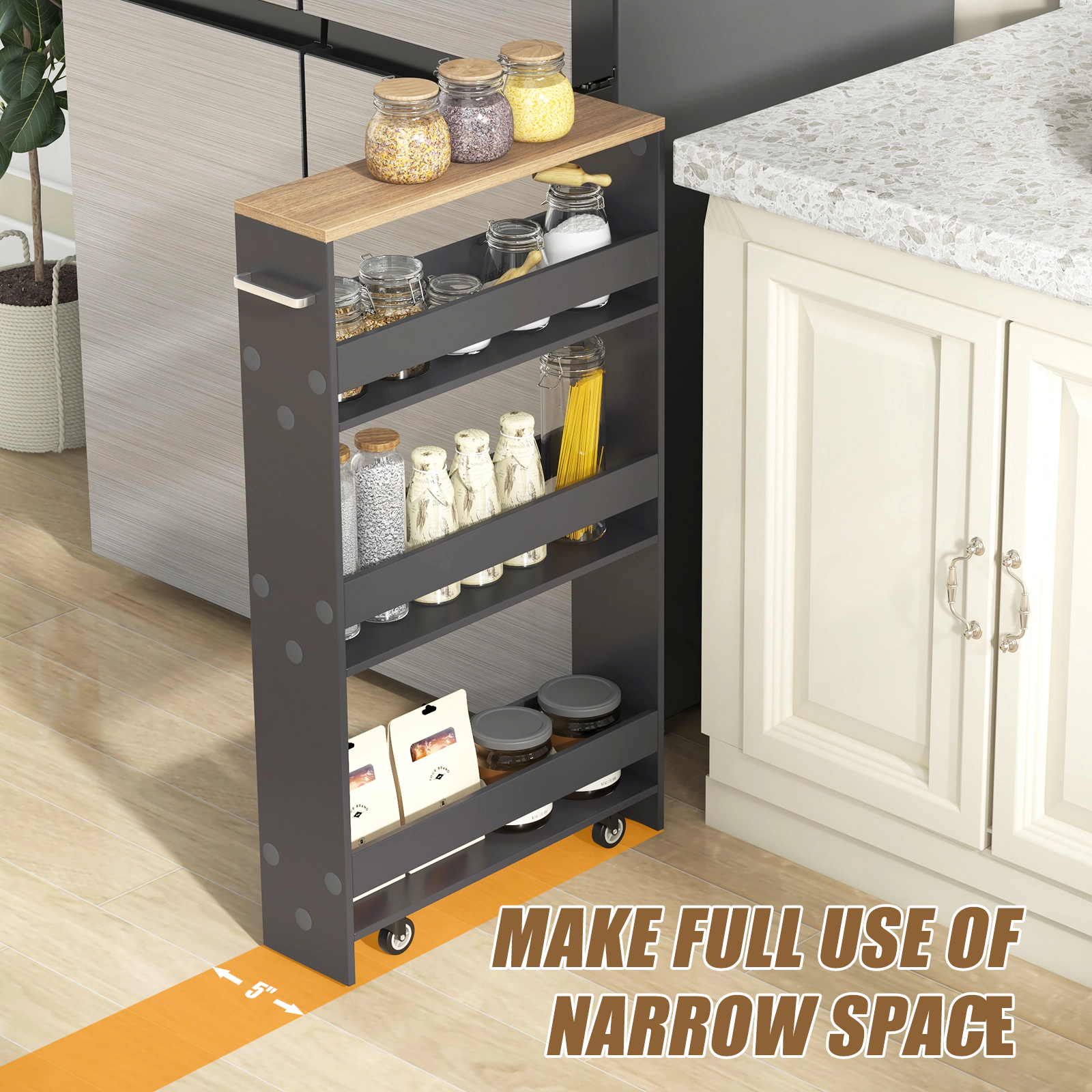 SUGIFT Slim Rolling Kitchen Storage Cart Mobile Shelving Organizer with Handle 22-lb Bottom Shelf Capacity 3-Tier Gray
