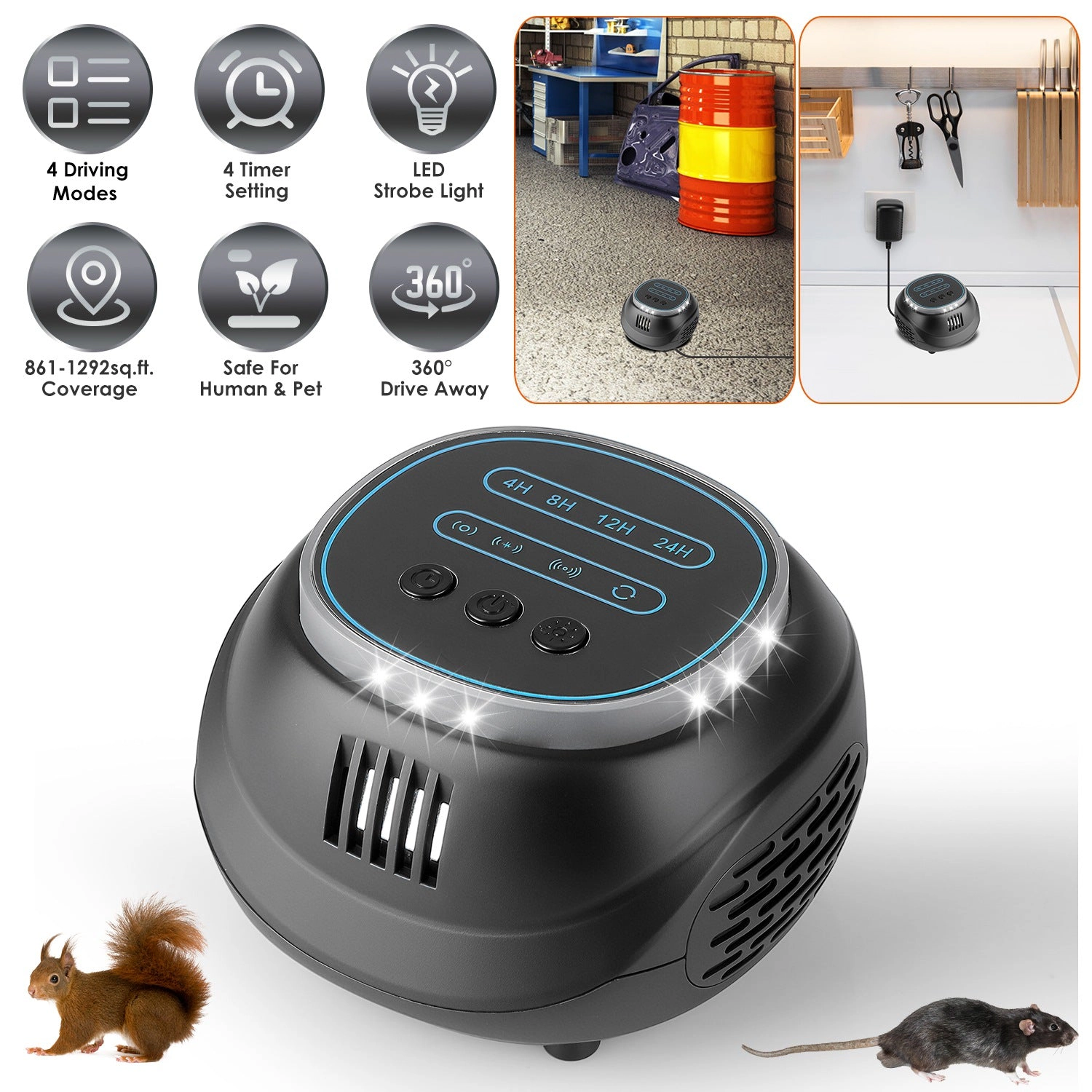 GBruno Ultrasonic Rodent Repellent With Strobe Light