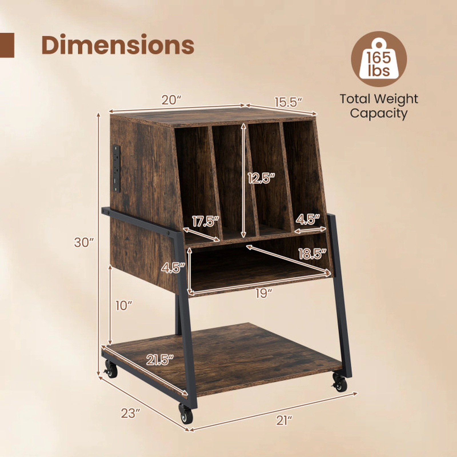 SUGIFT Rustic Brown Rolling Turntable Stand with Vinyl Storage, Power Outlets and USB Charging