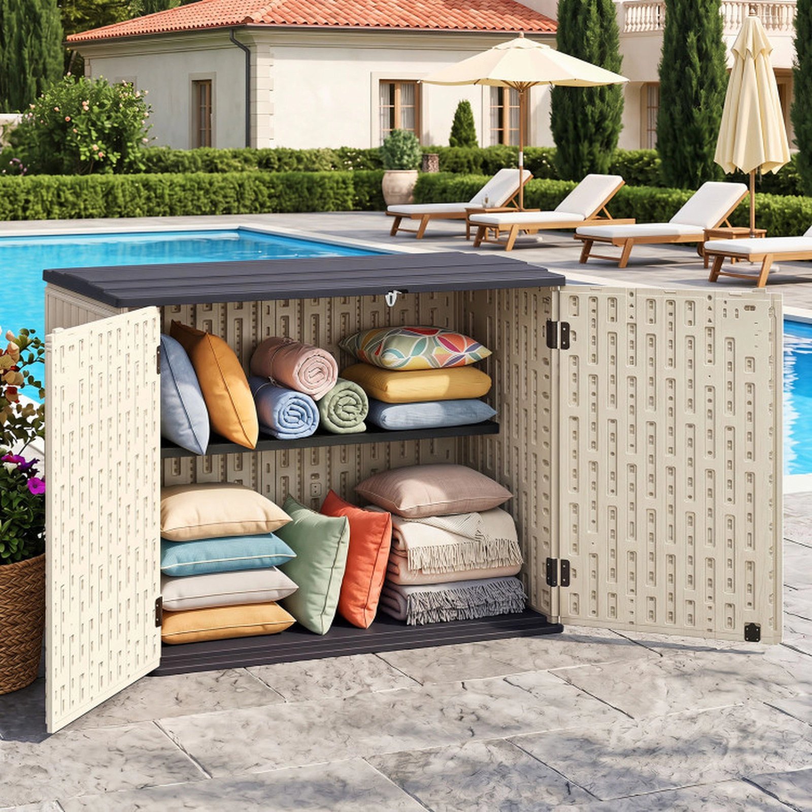 SUGIFT 20-cu ft 860-lb Capacity Horizontal Resin Outdoor Storage Shed with 3-Position Adjustable Shelf