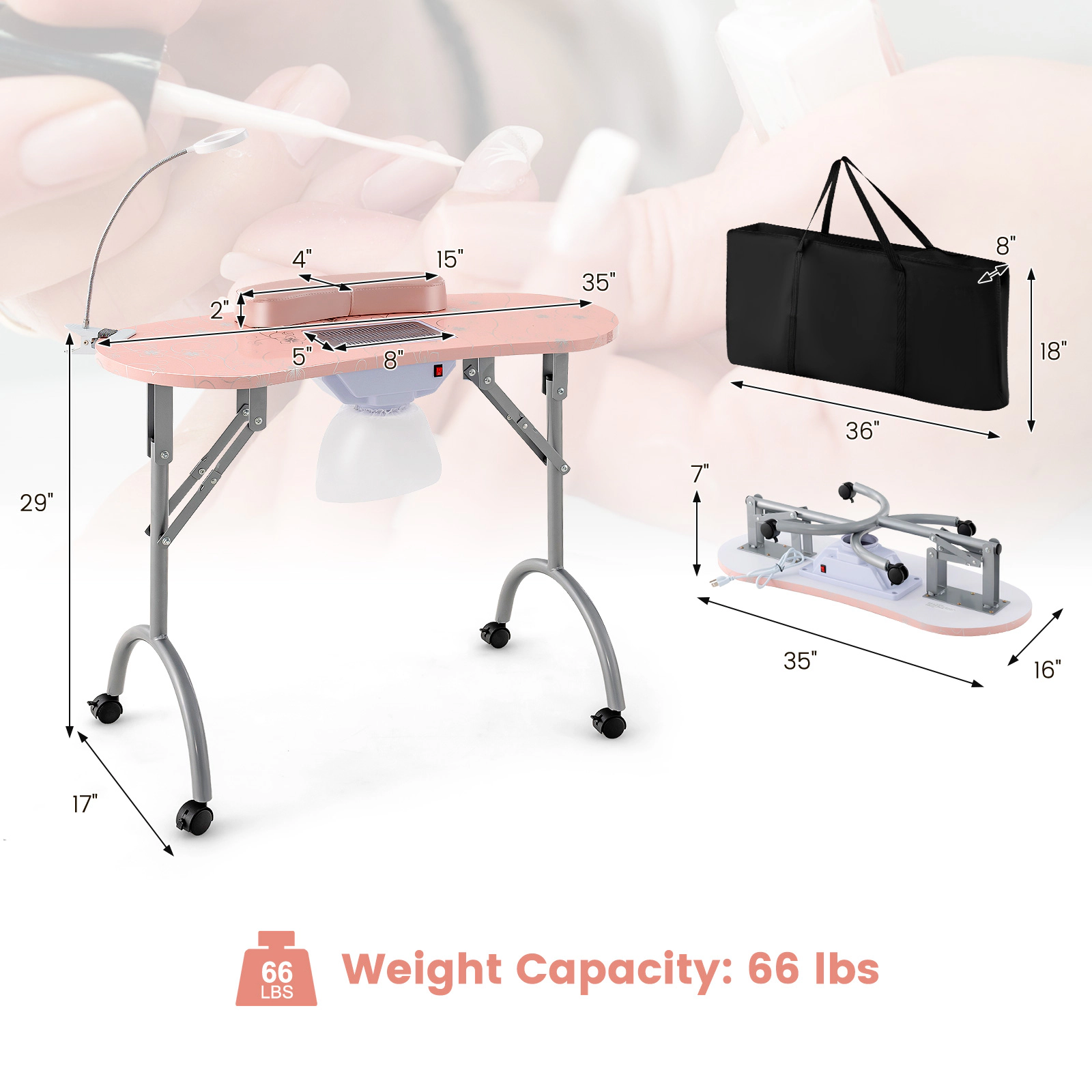 SUGIFT 66-lb Capacity Folding Manicure Table with Bendable USB LED Lamp Dust Collector and Carrying Bag