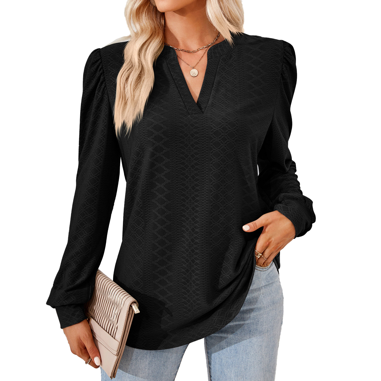 Enchanted Funland Womens V‑Notch Puffed Shoulder Long Sleeve Loose Dressy Blouse Tops