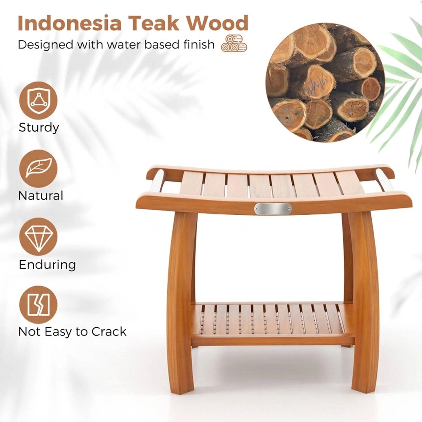 SUGIFT 24.5-Inch 2-Tier Teak Shower Bench, 350-Lb Capacity, Curved Legs