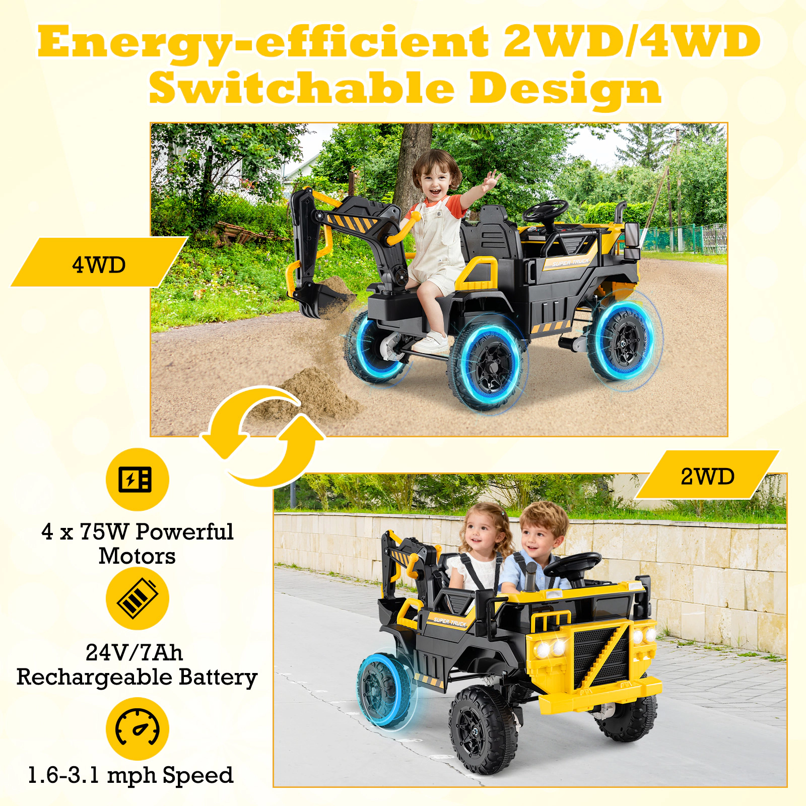 LJG Kids 24V Ride on Excavator 4WD 2-Seater with Remote Control and Digging Arm