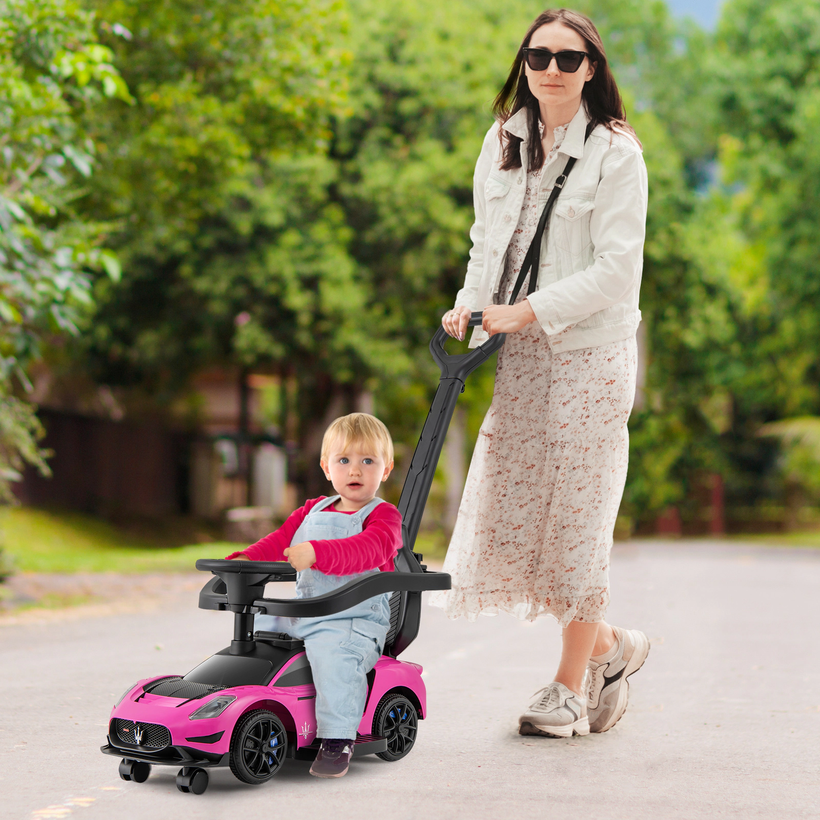 SUGIFT 3-in-1 Maserati Licensed Ride-On Push Sliding Car with Music 55-lb Capacity Ages 18-60 Months Pink/White