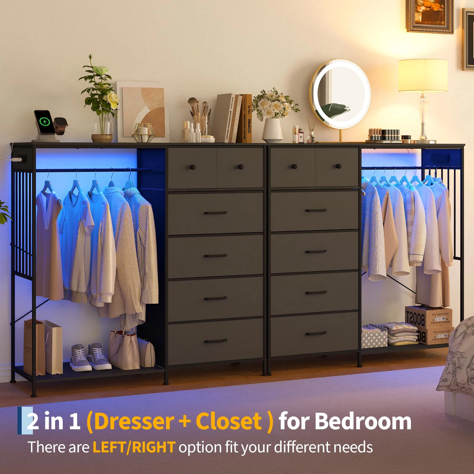 49.2" Dresser with Hanging Rack, 6 Fabric Drawers, LED Lights & Charging Station
