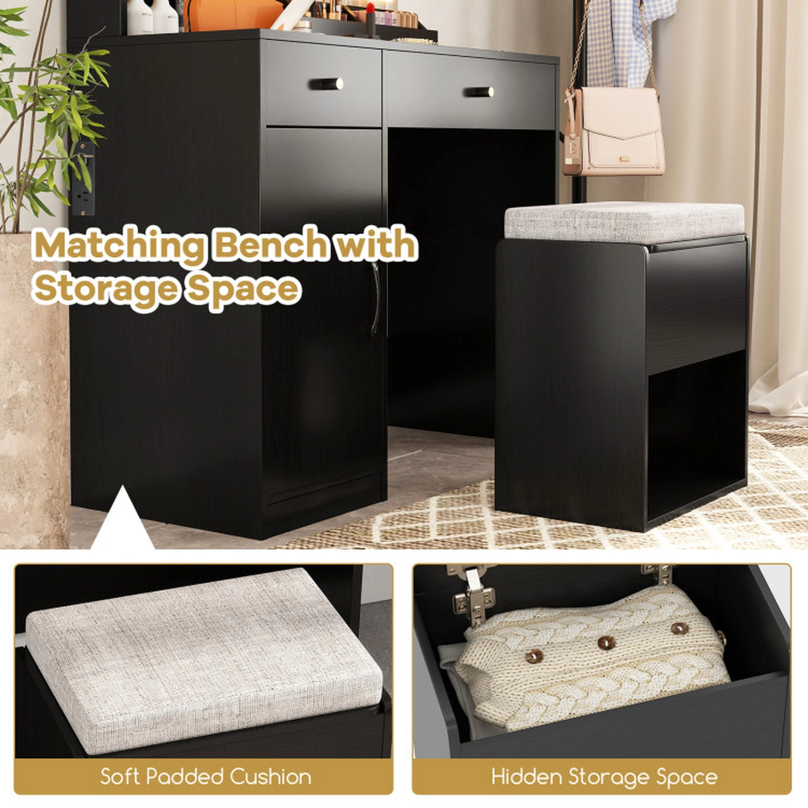 SUGIFT Lighted Mirror Vanity Dressing Table and Stool Set with Charging Ports 120-lb Tabletop Capacity Black