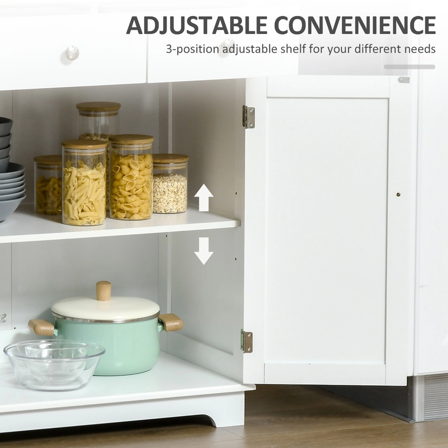HONGGE Kitchen Storage Cabinet with Solid Wood Top, Adjustable Shelf and 2 Drawers, White Sideboard Cupboard